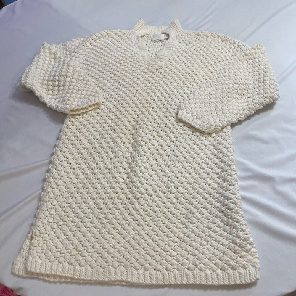 BASCO Hand Knit VTG White Popcorn Sweater Pullover Size Large